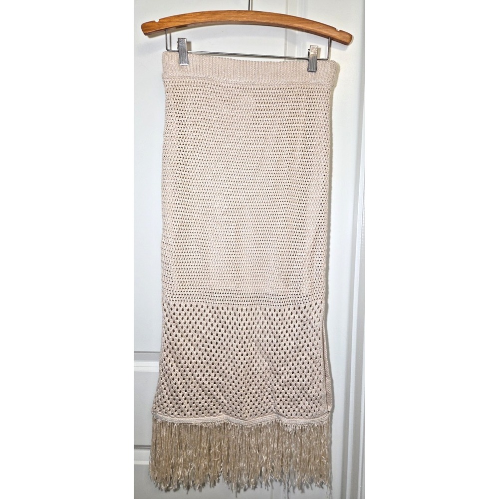 House of‎ Harlow 1960 Skirt Crochet Knit Fringe Lined Size S Boho Festival Tan